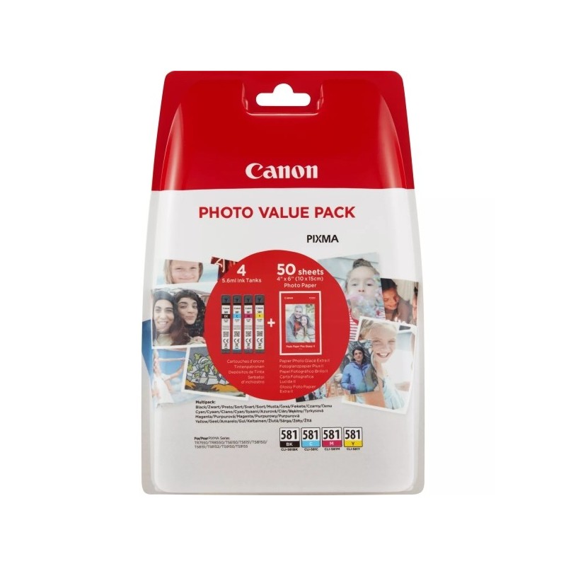 Canon CLI581 Pack de 4 Cartuchos de Tinta Originales - 50 Hojas de Papel Fotografico - 2106C005/2106C006