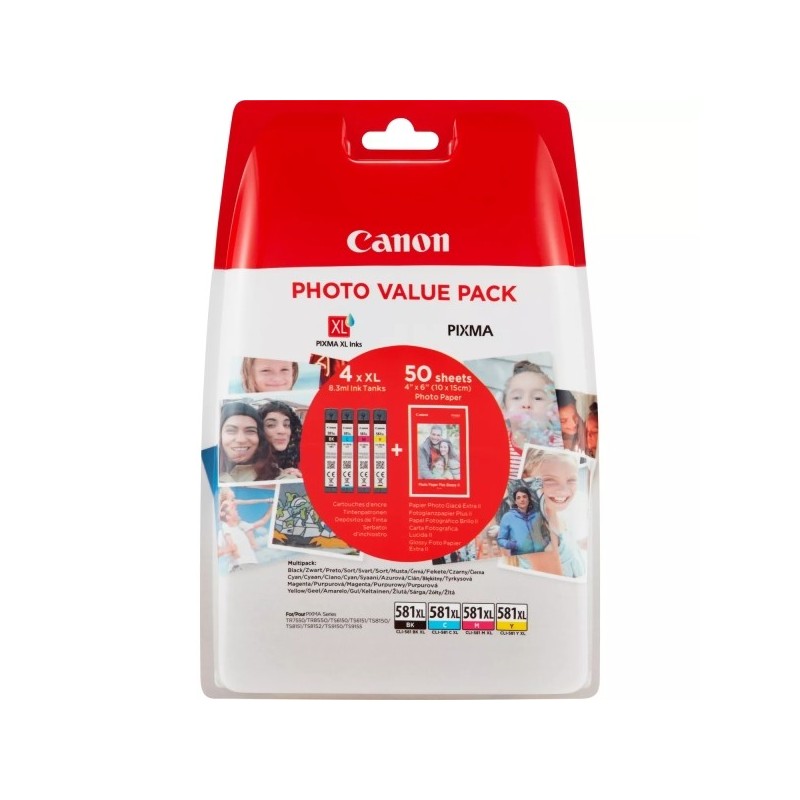 Canon CLI581XL Pack de 4 Cartuchos de Tinta Originales - 50 Hojas de Papel Fotografico - 2052C004/2052C006