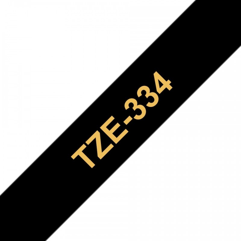 Brother TZe334 Cinta Laminada Generica de Etiquetas - Texto dorado sobre fondo negro - Ancho 12mm x 8 metros