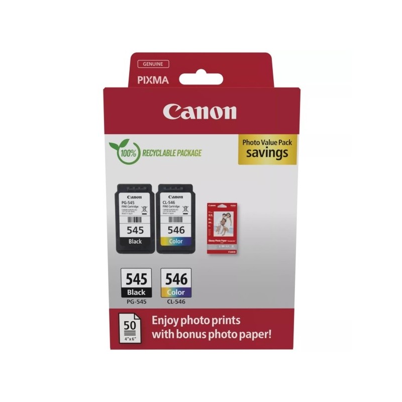 Canon PG545 Negro + CL546 Color Pack de Cartuchos de Tinta Originales + 50 Hojas de Papel Fotografico - 8287B008/8287B006/8287B