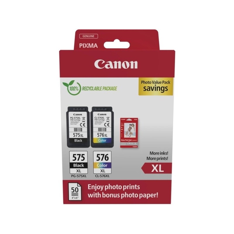 Canon PG575XL/CL576XL Multipack de 2 Cartuchos de Tinta Originales + 50 Hojas de Papel Fotografico - 5437C006