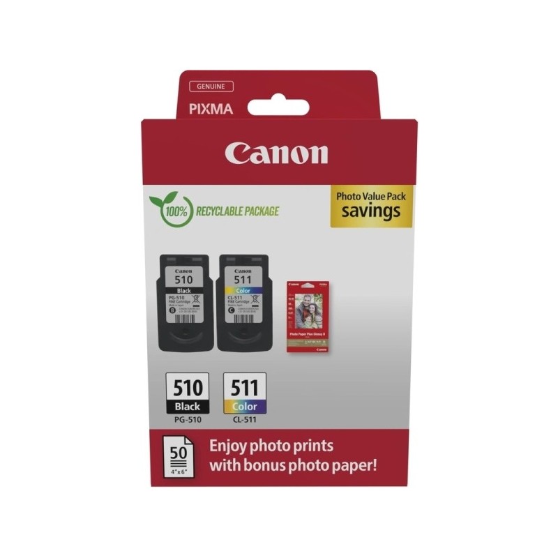 Canon PG-510/CL-511 Multipack de 2 Cartuchos de Tinta Originales + 50 Hojas de Papel Fotografico - 2970B017