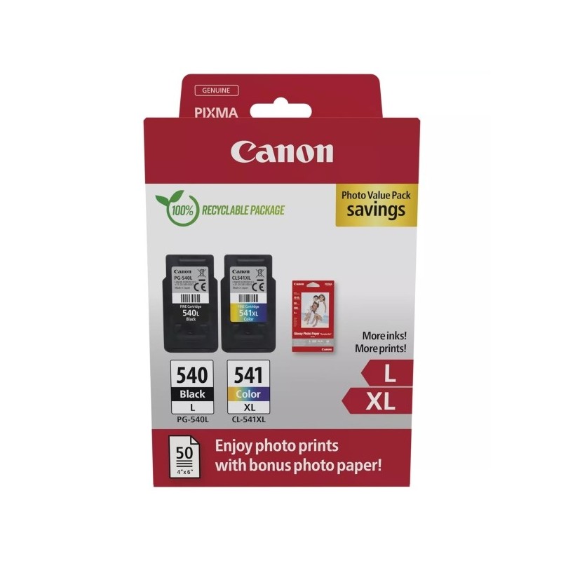 Canon PG540L Negro + CL541XL Color Pack de 2 Cartuchos de Tinta Originales - 50 Hojas de Papel Fotografico - 5224B012/5224B007/