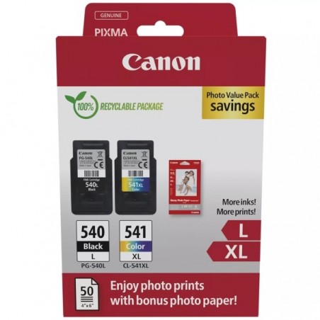 Canon PG540L Negro + CL541XL Color Pack de 2 Cartuchos de Tinta Originales - 50 Hojas de Papel Fotografico - 5224B012/5224B007/