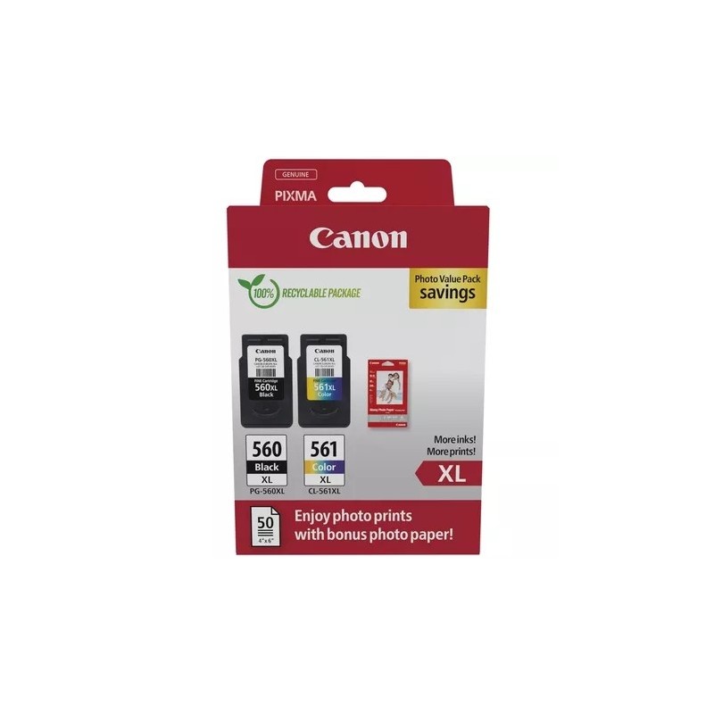 Canon PG560XL Negro + CL561XL Color Pack de 2 Cartuchos de Tinta Originales - 50 Hojas de Papel Fotografico - 3712C008/3712C004